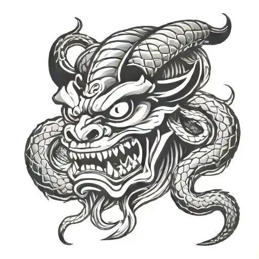 Oni Mask And Snake Coiled