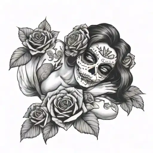 Woman With Sugar Skull Mask Laying Down On Back On Top Of Bed Of Roses Intertwined