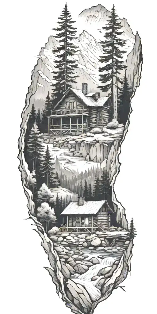 A Detailed Log Cabin Nestled In The Mountains Surrounded By Pine Trees And A Flowing River