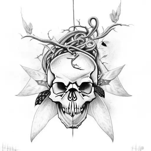 Skull With Moth And Vines Around It