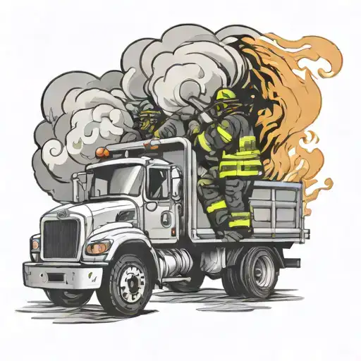Illustrate A Firefighter And A Dump Truck Working Together To Put Out A Fire In A Black-grey Design