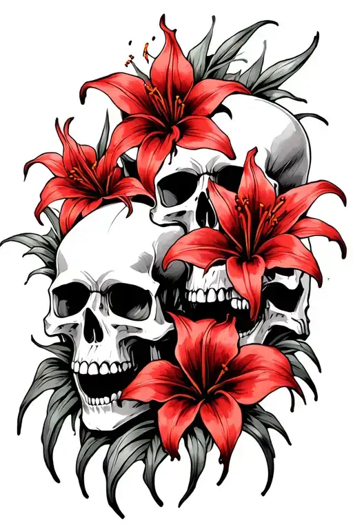 4 Skulls Facing Diagonally With 3 Red Spider Lilly Flowers Intertwined