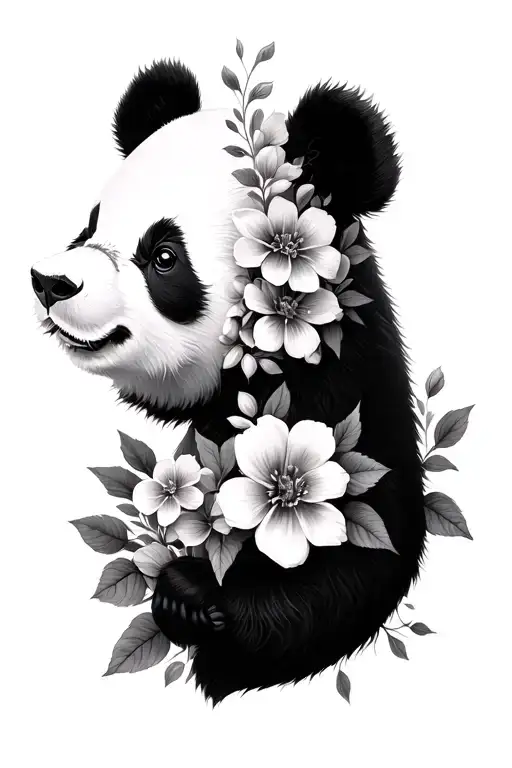 Panda Face Half Covered By Flowers