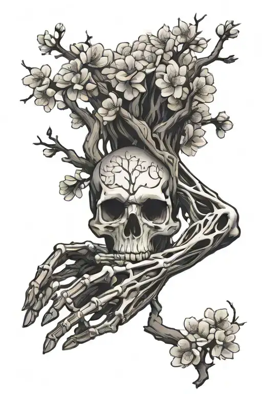 Cherry Blossom Tree Connecting To Skeleton Arms Touching Fingers