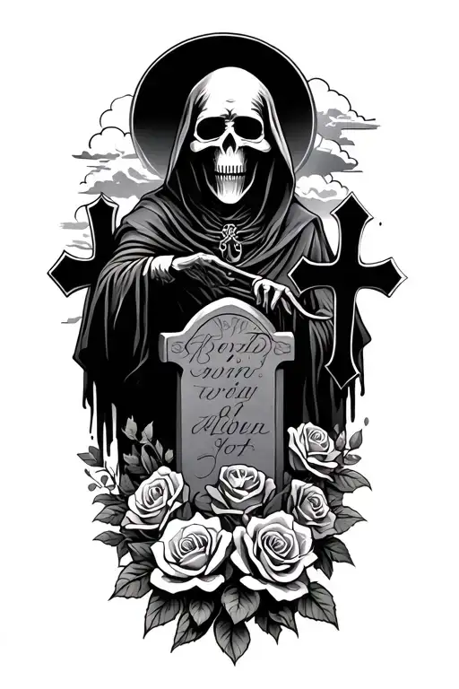 Grim Reaper With Gravestones And Crosses With A Background Of Roses And Clouds