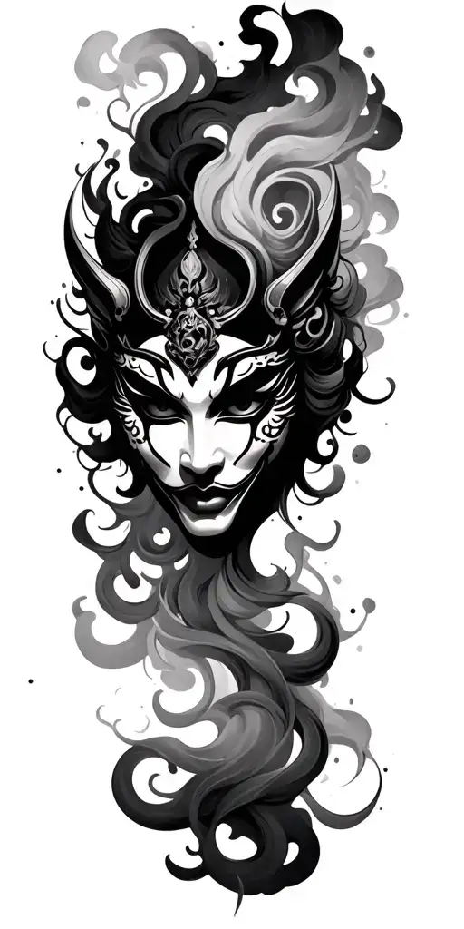 Hannya Mask With Smoke Surrounding And A Female Face Behind The Mask