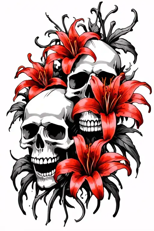 4 Skulls Facing Diagonally With 3 Red Spider Lilly Flowers Intertwined