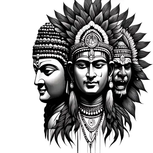 Indian Shaman Flanked By Buddha Head And Demon Head1