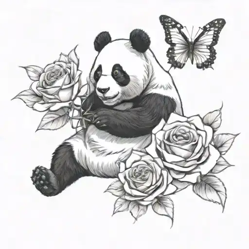 Panda Sitting On An Open Rose Reaching For A Butterfly