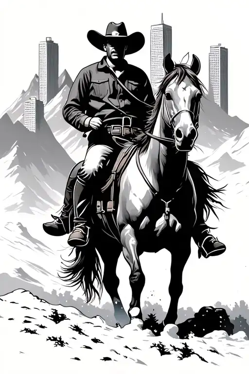 Cowboy With His Hat Down Riding A Horse Through Sky Scrapers With Snowy Mountains In The Back