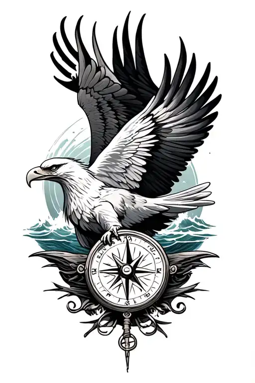 Eagle Over Sea With A Compass