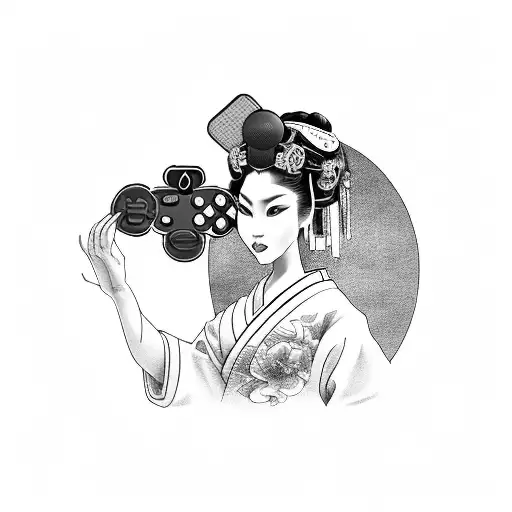 A Mesmerizing Black And Grey Geisha Holding A Game Console Controller