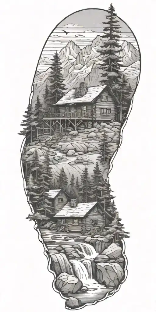 A Detailed Log Cabin Nestled In The Mountains Surrounded By Pine Trees And A Flowing River