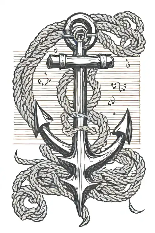 Anchor Tied By Rope Which Splits Into Musical Sheet And The Sheet Will Have 3 Musical Notes