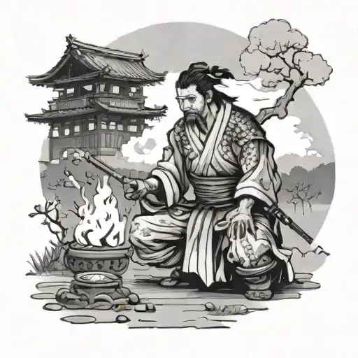 A Samurai On His Knees As His Japanese Village Is Burning Behind Him