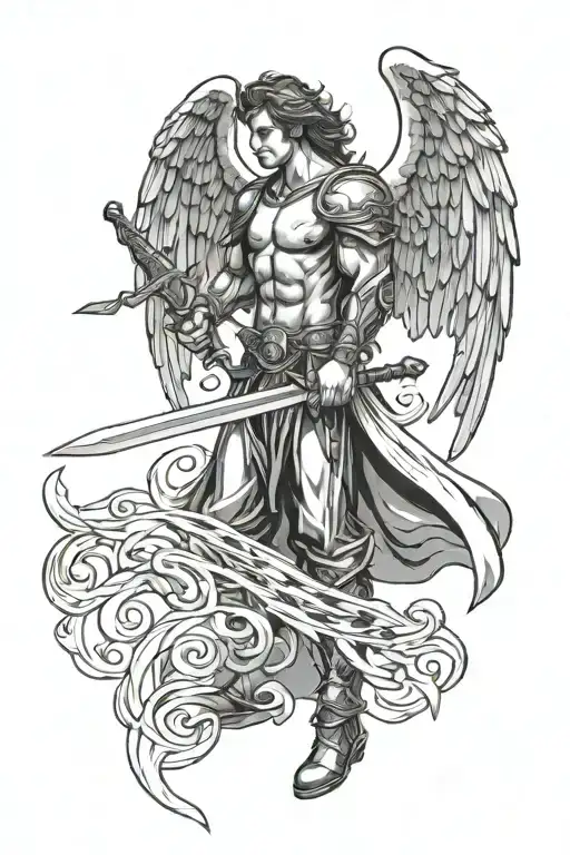 Male Angel With Wings And A Sword Surrounded