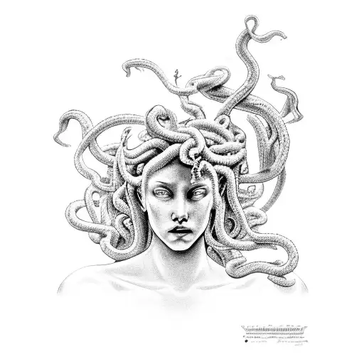 A Black-grey Tattoo Depicting A Mystical Encounter Between Medusa And Poseidon In A Natural Setting