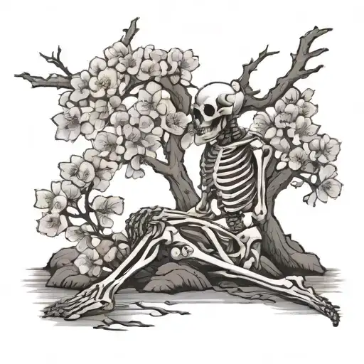 Skeleton Praying Next To A Cherry Blossom Tree
