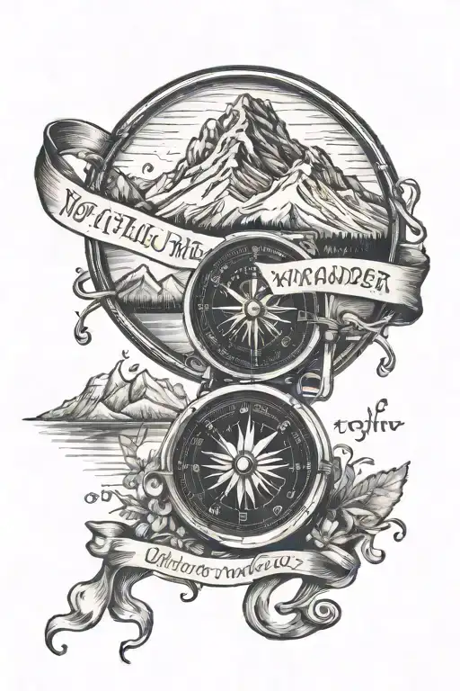 Quote Not All Who Wander In A Banner Around A Compass With A Mountain Backdrop