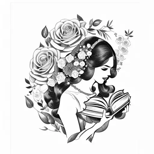Vintage Floral Lady Profile Reading An Opened Book Surrounded By Bold Floral Frame