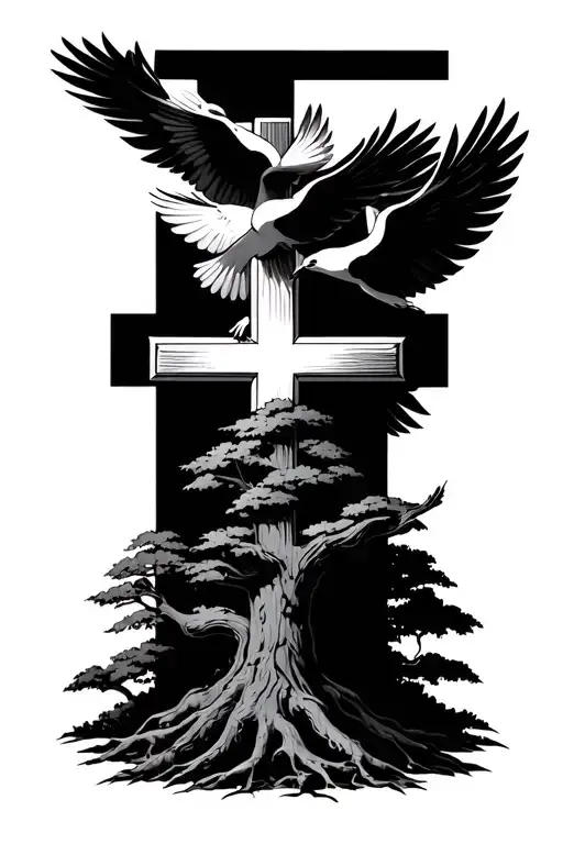 Tree Forming A Cross With Doves Flaying Around It