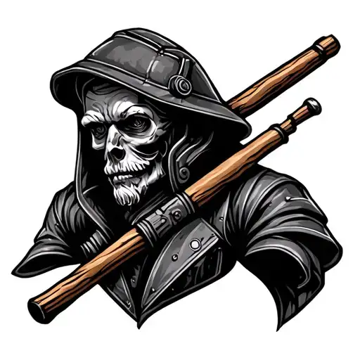 Leather Tooled Design Incorporating Welding Hood And A Stick Rod