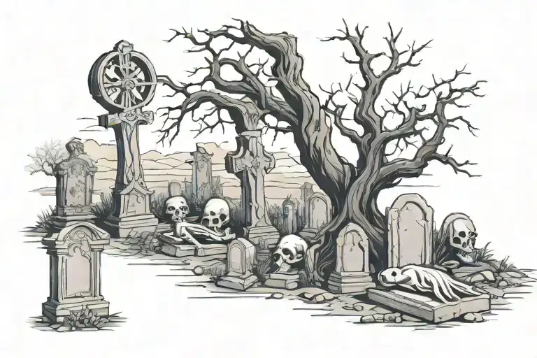 Graveyard With 6 Tombstones Grim Reaper And Dead Tree Gothic On Stomach