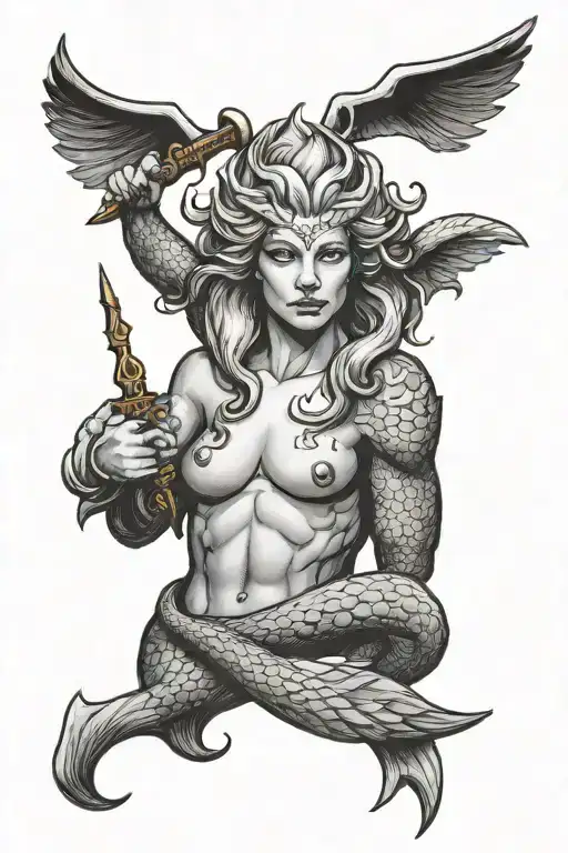 Griffin Head On Mermaid Body Holding A Trident Surrounded