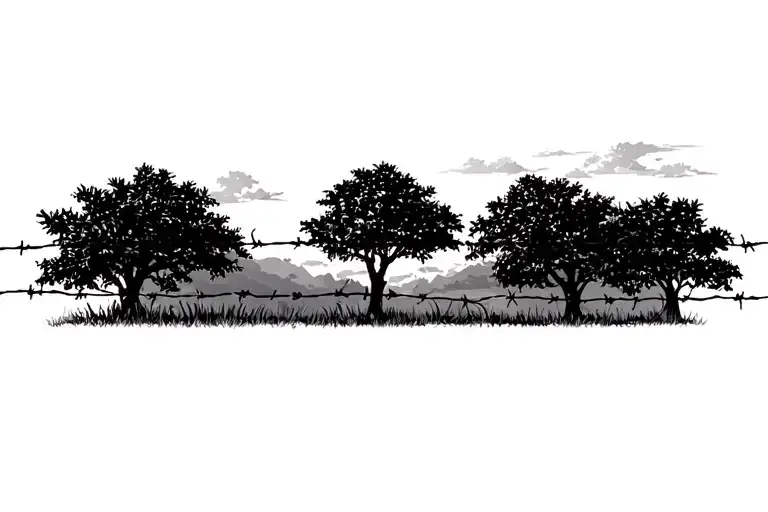 Native Texas Plants And Trees Behind Barbed Wire Fence