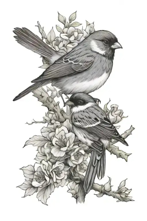 Dark-eyed Junco And American Tree Sparrow Perched With Flowers Around