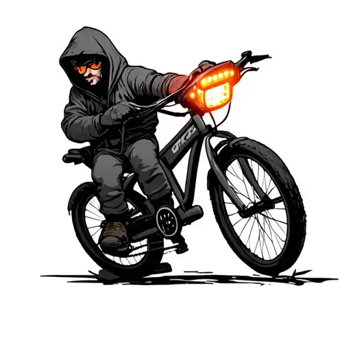 A Character Hooded In Mountaineer Bicycle With Led Lights On White Background