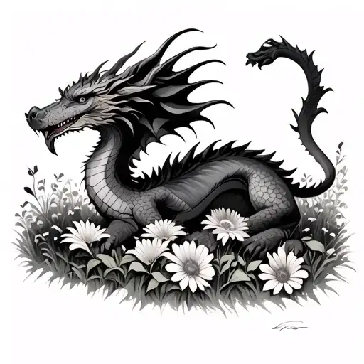 Dragon Rolling In A Field Of Flowers Like A Dog