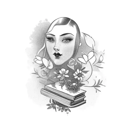 Vintage Floral Lady Profile Reading An Opened Book Surrounded By Bold Floral Frame