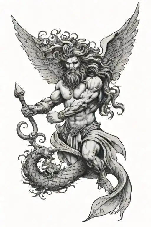 Poseidon With Wings And A Face Of A Lion And Mermaid Tail