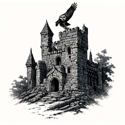 Ruined Medieval Castle With An Owl Perched