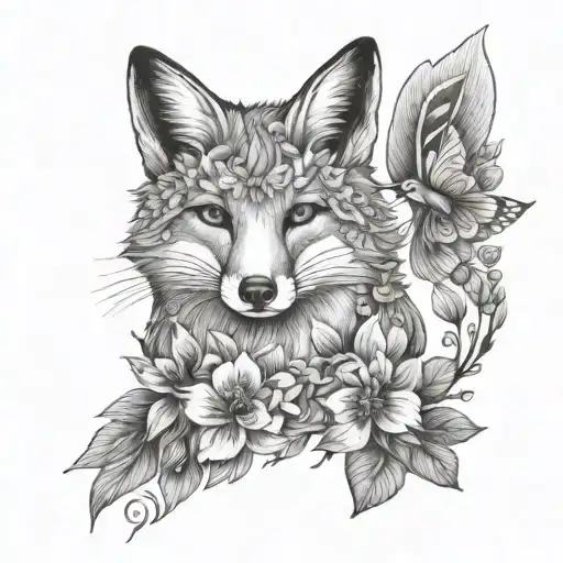 Fox With Flowers And Small Hummingbird Leaves