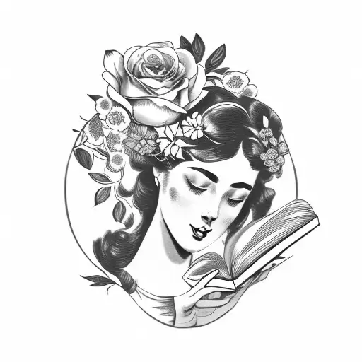 Vintage Floral Lady Profile Reading An Opened Book Surrounded By Bold Floral Frame