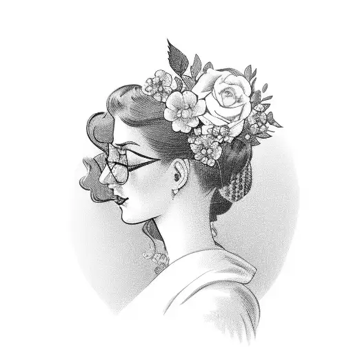 Vintage Lady Profile Reading An Opened Book Surrounded By Bold Floral Frame