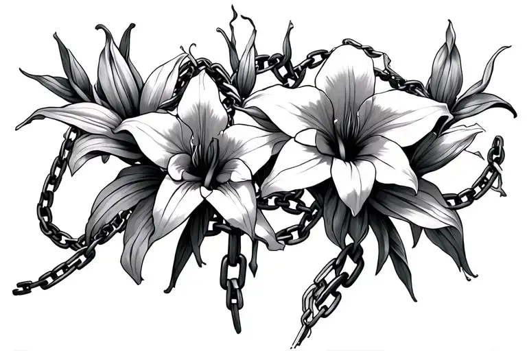 Multiple Cracked And Broken Chains With Amaryllis Flowers Intertwined In The Background