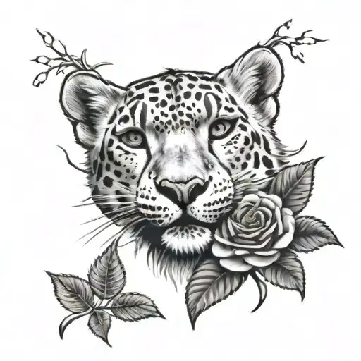 Snow Leopard Head Popping Out Of Tree & A Rose