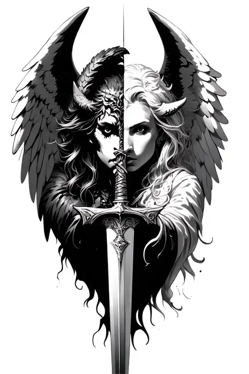 Half Demon Half Angel Holding A Sword Angel Face And The Other Is Demon Face Make It Looks Angel