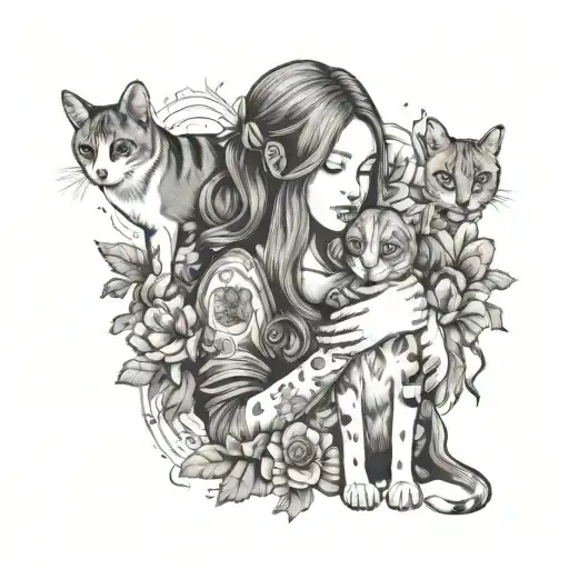 Continous Line Of Girl Holding Beagle And Cat With Marigolds And Morning Glory Flowers Around Them