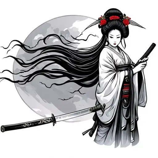 Geisha Standing Sideways With A Laid Hand Hold Katana