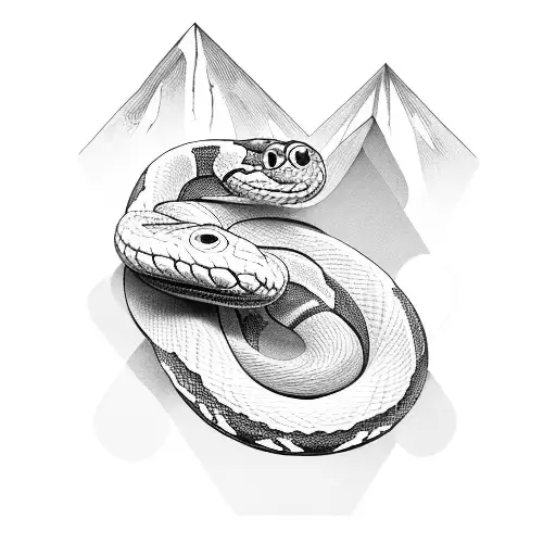 A Black-grey Tattoo Of A Snake Wrapped Around A Knife With Mountains In The Background