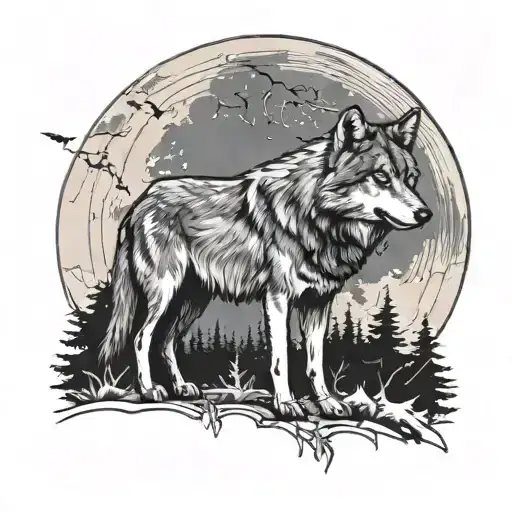 Beautiful Happy Gray Wolf Standing Alone In A Wooded Area In Front Of A Full Moon