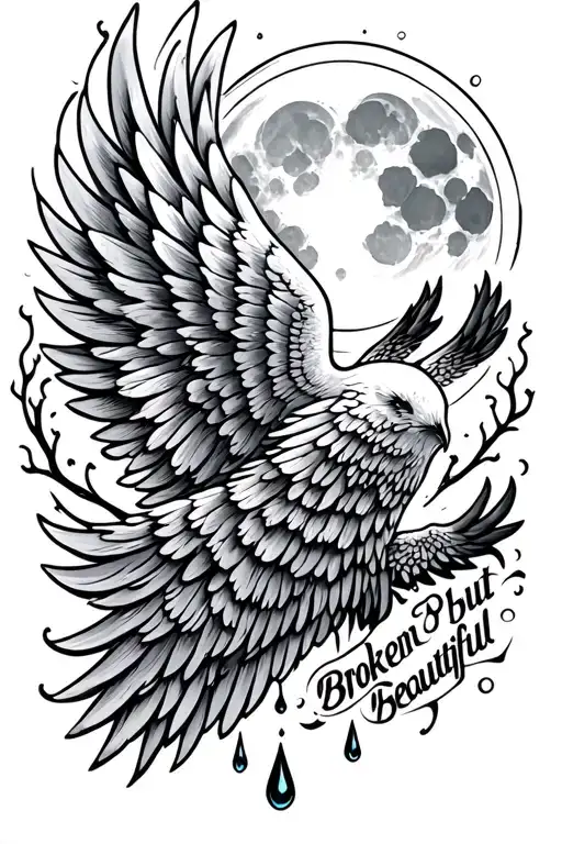 Wings Spread Wide With A Full Moon And Teardrop Falling And It Says Broken But Beautiful