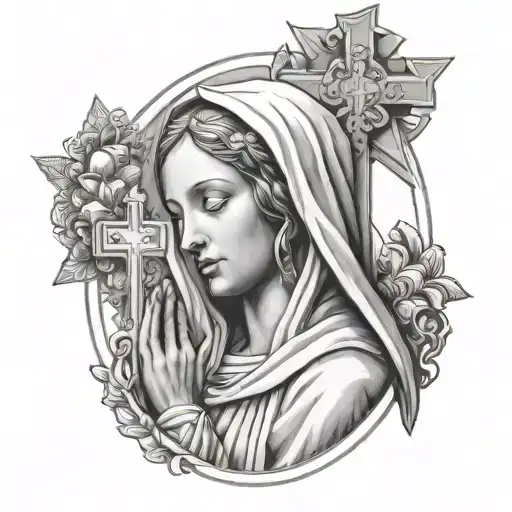 Virgin Mary Praying Surrounded By 3 Crosses