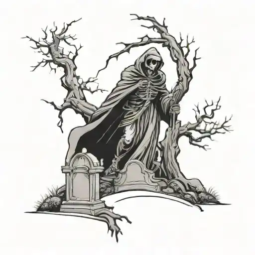 Grave Yard With Trees And A Grim Reaper On Stomach