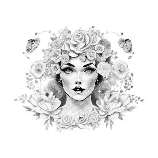 Vintage Lady Head With Bold Florals And Open Book Frame