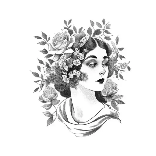 Vintage Floral Lady Profile Reading An Opened Book Surrounded By Bold Floral Frame